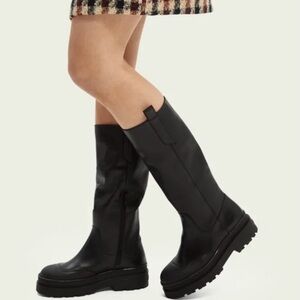 NEW Scotch & Soda Black Leather Aubri Knee High Tall Chelsea Lug Sole Boots